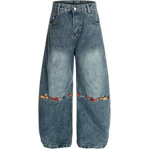 Women’s Baggy Denim Jeans Casual Streetwear Wide Leg Y2K with Dachshund Embroide